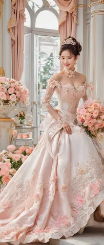 bridal clothing,quinceanera dresses,bridal dress,wedding gown,wedding dresses,ball gown,bridal,wedding dress,quinceañera,debutante,wedding photography,quince decorative,bridal party dress,bridal accessory,princess sofia,peach rose,wedding dress train,bridal shoe,fairy tale character,overskirt,Conceptual Art,Fantasy,Fantasy 24