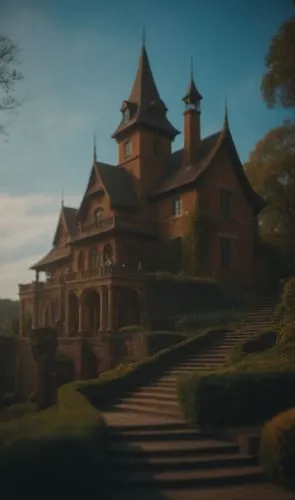 a po of a tall castle with two towers,frederic church,fairy tale castle,fairytale castle,briarcliff,witch's house,neverland,Photography,General,Cinematic