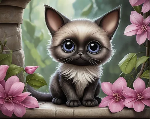 birman,siamese cat,blossom kitten,siamese,cute cartoon character,cute cat,flower cat,cartoon cat,blue eyes cat,cute cartoon image,cat with blue eyes,little cat,cat kawaii,cat portrait,doll cat,kitten,breed cat,felidae,portrait background,cat cartoon,Conceptual Art,Fantasy,Fantasy 30