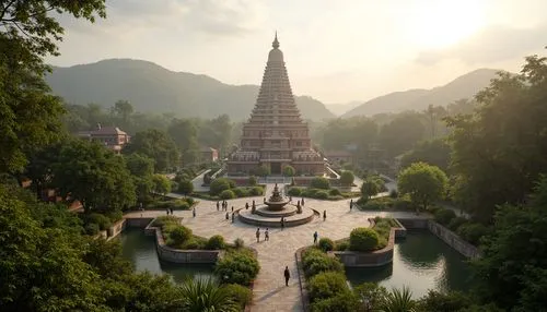 Sacred temple, serene natural surroundings, lush greenery, tranquil water features, walking meditation paths, subtle lighting effects, misty atmosphere, gentle hills, peaceful ambiance, spiritual scul