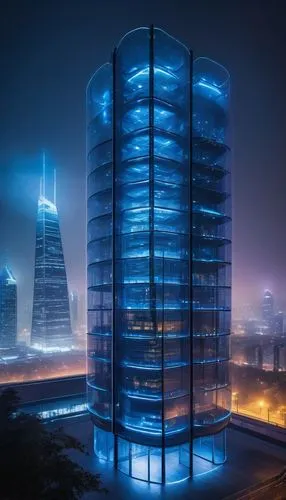 3-tier firewall architecture, futuristic, high-tech, metallic structure, sleek lines, blue LED lights, transparent glass walls, modern cityscape background, skyscraper, night scene, atmospheric fog, m