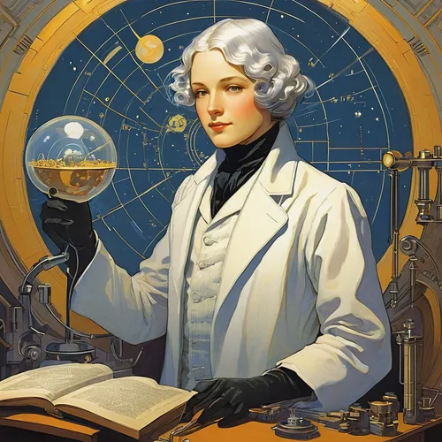 astronomer,sci fiction illustration,scientist,watchmaker,clockmaker,theoretician physician,researcher,physicist,orrery,crystal ball,chemist,biologist,female doctor,harmonia macrocosmica,copernican world system,telescope,geocentric,euclid,scientific instrument,astronomers,Illustration,Retro,Retro 07