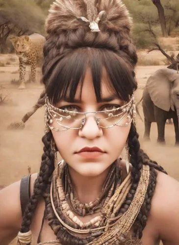 there is a girl wearing a headpiece and some animals,mongolian girl,khoisan,khnopff,ancient egyptian girl,afar tribe,aborigine,Photography,Realistic