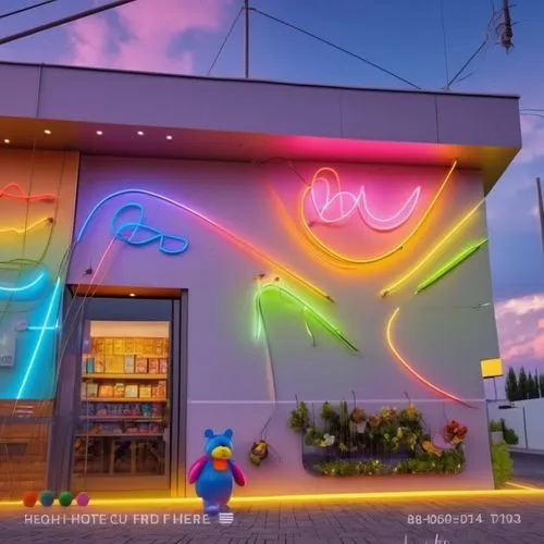 I want to design a frontage for a children's toy store that contains many electronic toys, as the concept, the energy sign, has many bright colors.,neon cocktails,neon drinks,neon coffee,neon ice crea