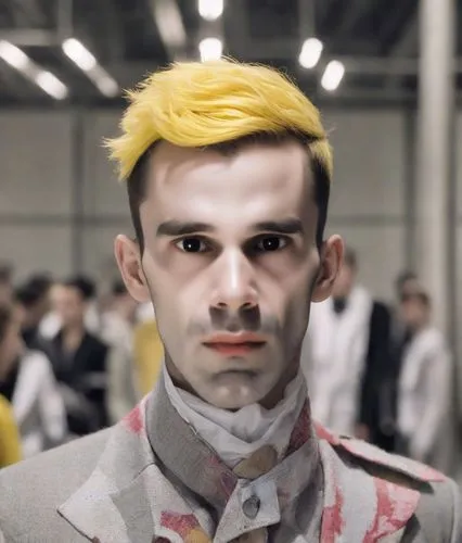 a wax dummy,pierrot,two face,cullen skink,eleven,albino,blond,yellow skin,sandro,zombie,poland lemon,porcelaine,cosplay image,roy lichtenstein,ernő rubik,streampunk,cosplayer,romanescu,pompadour,caesa