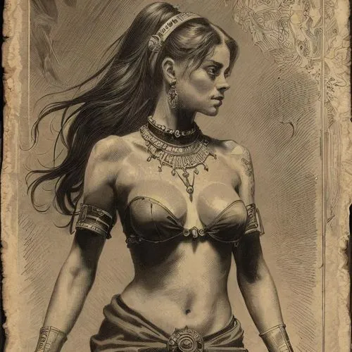 a black and white drawing of a woman in a ,frazetta,polynesian girl,inara,rasputina,liliana,kalima,Art sketch,Art sketch,Traditional