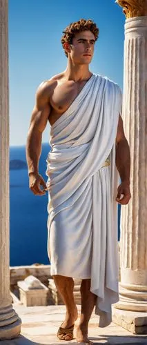 Ancient Greek character, Aegean architecture-inspired costume, white toga, golden laurel wreath, curly brown hair, bright blue eyes, strong jawline, muscular physique, standing confidently, columns, a