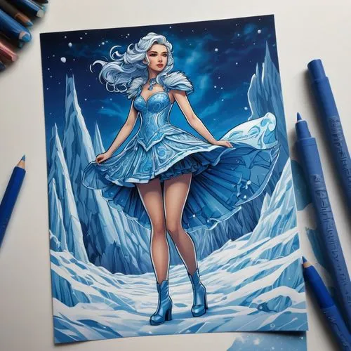 ice queen,the snow queen,elsa,snow drawing,blue snowflake,watercolor blue,Illustration,Realistic Fantasy,Realistic Fantasy 25