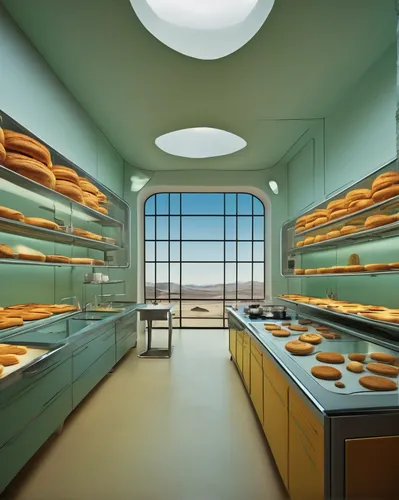 Imagine a futuristic bakery kitchen with advanced technology.,bakery,bakery products,pastry shop,pâtisserie,kitchen shop,laboratory oven,cheese factory,viennoiserie,pantry,baking equipments,chefs kitc