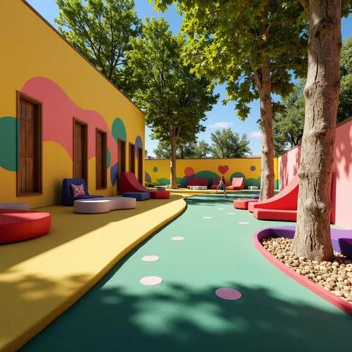 Vibrant playground, bright color accents, whimsical murals, playful furniture, soft cushions, rounded shapes, natural wood textures, bold geometric patterns, sunny day, warm lighting, shallow depth of