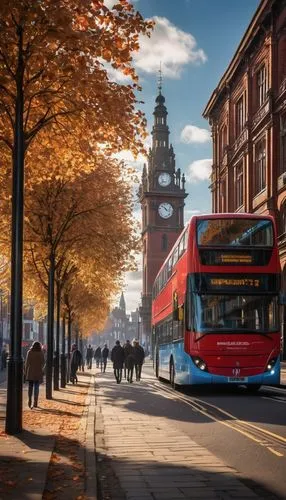 Wolverhampton cityscape, modern architecture, sleek glass buildings, steel framework, urban renewal project, busy streets, pedestrians walking, double-decker buses driving by, Victorian-era inspired c