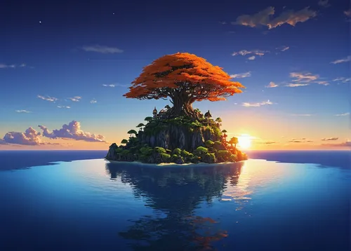 floating island,mushroom island,islet,floating islands,island suspended,isolated tree,flying island,lone tree,island,an island far away landscape,the island,delight island,islands,tree of life,bonsai,dragon tree,bird island,magic tree,mushroom landscape,tree house,Illustration,Japanese style,Japanese Style 05