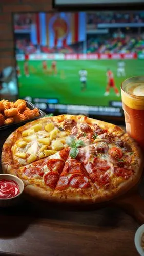 电视后面是红砖墙，食物放在一张桌子上,netherlands-belgium,european football championship,pizza hut,super bowl,world cup,footbal,indoor games and sports,pizza cheese,football,national football league,pizza,football fan a