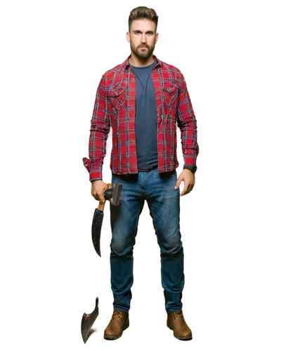 lumberjack, muscular man, rugged beard, messy hair, plaid shirt, ripped jeans, heavy boots, holding axe, standing, confident pose, natural lighting, cinematic composition, warm color tone, shallow dep