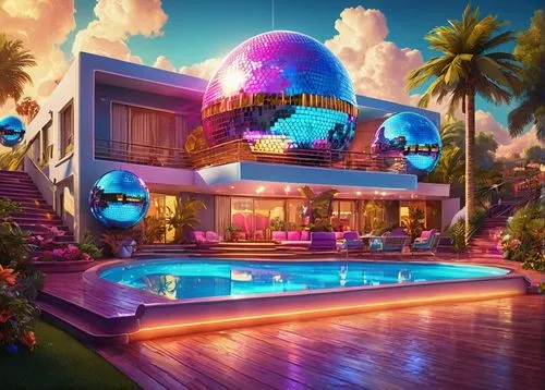 paradisus,tropical house,cabana,dreamhouse,pool bar,holiday complex,hotel riviera,holiday villa,resort,tropicana,pool house,bahamonde,3d render,aqua studio,cabanas,disco,beach resort,diamond lagoon,futuristic landscape,luxe,Illustration,Realistic Fantasy,Realistic Fantasy 38