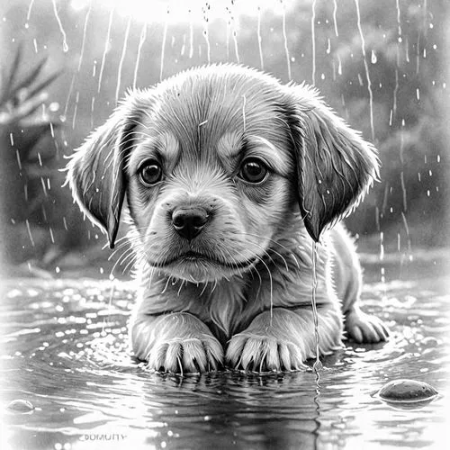 Desenho de linha a lápis de um cachorro pequeno na chuva.
,a black and white image of a puppy that is sitting in the rain,dog illustration,rain cats and dogs,dog in the water,dog drawing,rainy day,sog