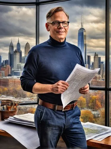 George Lindemann, modern architect, 40s, bespectacled, short brown hair, black turtleneck, dark blue jeans, leather belt, black loafers, standing, holding blueprints, studio, large windows, cityscape,