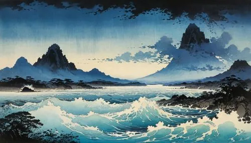 hokusai,japanese waves,chiyonofuji,the great wave off kanagawa,yamatai,sea landscape,ukiyoe,jinbei,okimoto,japanese wave,jinchuan,mountain and sea,samudra,rongfeng,mengzi,dokdo,maoyuan,kaido,takimoto,yashima,Illustration,Japanese style,Japanese Style 09