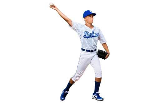 Baseball player, young boy, dynamic pose, throwing ball, muscular arm, baseball glove, white uniform, blue stripes, sneakers, athletic socks, sweatband on forehead, focused expression, afternoon sunli