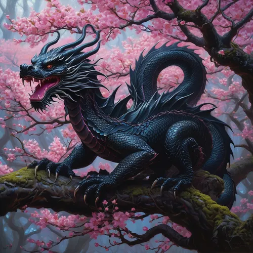 forest dragon,painted dragon,black dragon,dragon li,chinese dragon,spring unicorn,wyrm,dragon,dragon design,sakura blossom,dragon of earth,dragon tree,fantasy picture,japanese sakura background,springtime background,basilisk,rhododendron,azaleas,spring background,dragons,Illustration,Realistic Fantasy,Realistic Fantasy 03