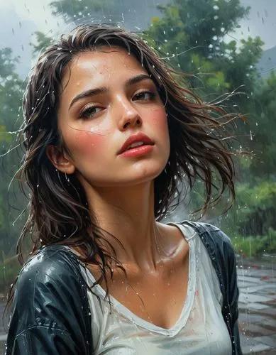 young beauty female in the rain,in the rain,donsky,walking in the rain,rainswept,wet girl,rain shower,rainfall,rainy,wet,rainy day,girl on the river,oil painting,rain,oil painting on canvas,rainstorm,