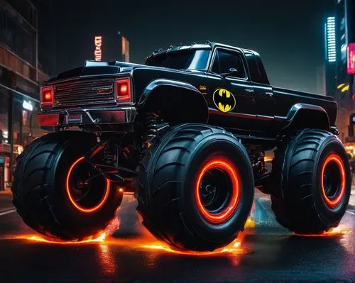 Hot Wheels, Monster Truck, Batman, dark knight, black armor, red eyes, muscular build, massive wheels, rugged tires, aggressive stance, dynamic movement, city street, nighttime, neon lights reflection