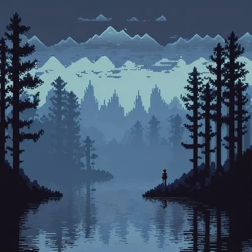 Pixel Art,pixel art,dusk,evening lake,forest lake,dusk background,serene,ozark,wilderness,forest,ponderosa,mountains,forests,distant,before the dawn,forest dark,a small lake,the forest,pines,foggy for