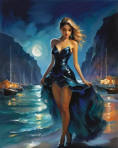 fantasy picture,the sea maid,blue moon,moonlit night,sea night,fantasy art,Illustration,Paper based,Paper Based 11