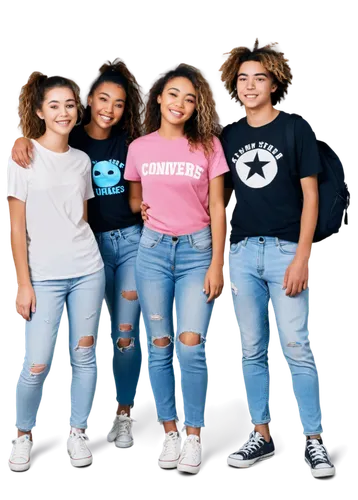 A group of five teenagers, casual standing, diverse skin tones, messy hair, bright smile, trendy clothing, ripped jeans, graphic t-shirts, Converse shoes, sneakers, backpacks, relaxed posture, natural