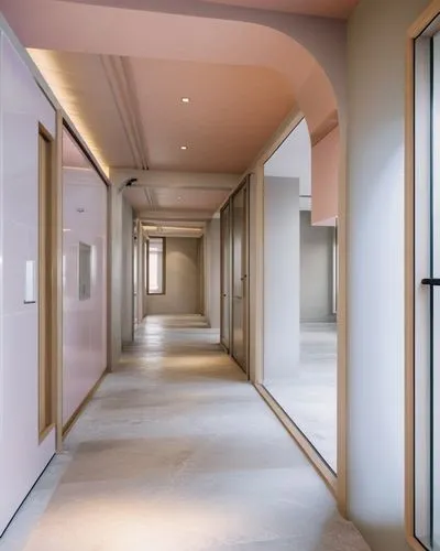 HOSPITAL CLINIC LOBBY DESIGN
IN A BABY PINK COLOR THEME WITH MARBLE FLOORING
WITH THE CURVED ROOF GIVEN IN THE REFERENCE IMAGE,a long hallway with light walls, carpeted floors and windows,hallway spac