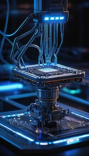 Microscopic view, futuristic laboratory setting, itanium processor architecture, detailed circuitry, metallic silver color, intricate pathways, glowing blue lines, tiny robot arms assembling, microsco