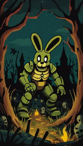 Illustrate a thrilling gif where Springtrap emerges from a haunted graveyard.,halloween illustration,game illustration,halloween background,hoppy,easter background,halloween vector character,jack rabb