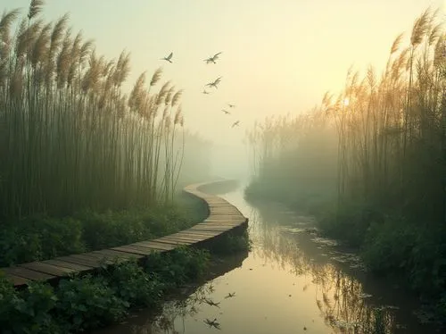 reedbeds,reedbed,wetland,polders,wooden bridge,polder,wetlands,foggy landscape,nature landscape,the mystical path,marshlands,rice fields,wooden path,the danube delta,pathway,fantasy landscape,boardwalks,landscape nature,nature background,the path,Photography,General,Realistic