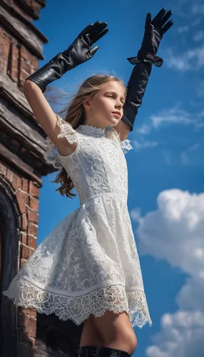 Russia beautiful lace dress girl 12years old  leather gloves boots all  stand deside blue sky ,majorette (dancer),little girl in wind,girl with gun,girl in a historic way,arms outstretched,image manip