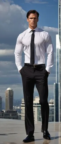 muscular man, Jason Neilson, serious facial expression, short brown hair, blue eyes, thick eyebrows, strong jawline, white shirt, black tie, formal black pants, leather shoes, standing, confident post