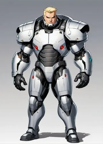 A male cyborg superhero, half man half machine, overweight, fair skin, blonde hair, color: black and silver, comic style art,reinhardt,solidus,turrican,raynor,torbjorn,tetsujin,ryurikov,skotnikov,koli