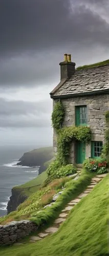 Historic Irish cottage, stone walls, green roof, wooden door, ornate windows, ivy climbing, rustic charm, rolling hills, lush green grass, misty morning, soft sunlight, gentle breeze, Celtic-inspired 