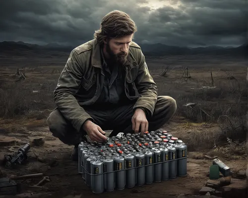 In a post-apocalyptic world, a lone survivor discovers an AA battery that holds the key to salvation.,multipurpose battery,photo manipulation,conceptual photography,batteries,energy drinks,photoshop m