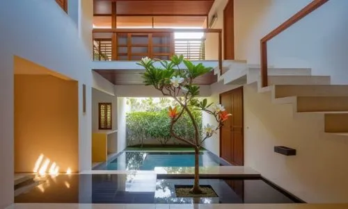 Create similar images with part double heights and part sirilankan style courtyards with entrance foyer looking into an internal courtyard on the first floor and an external courtyard with an artistic