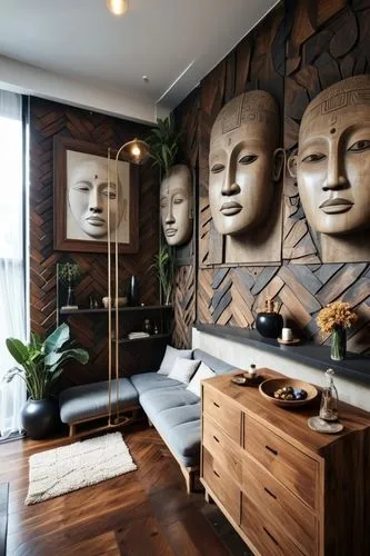 The dimensions and placement of the furniture in the room will remain constant. Large relief sculptures on the wall add a strong ethnic atmosphere to the space. These figures in dark wood or stone app