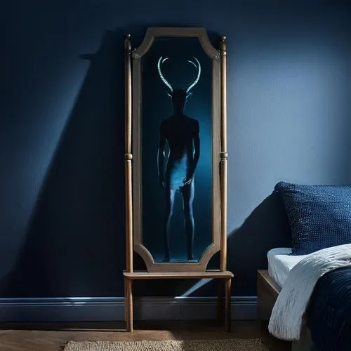 Silhouette of a tall skinny man with horns, skinny legs,a bedroom with a dark blue walls and bed,art nouveau frame,wood mirror,copper frame,bedroom,art deco frame,art nouveau frames