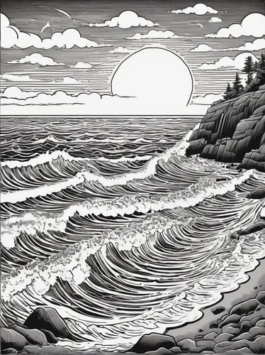 water waves,ocean waves,cool woodblock images,japanese waves,japanese wave paper,rogue wave,beach erosion,sand waves,waves,seascape,stormy sea,sea landscape,sea,fossil dunes,wave pattern,waves circles,tide-low,coloring page,woodcut,tofino,Illustration,Black and White,Black and White 14