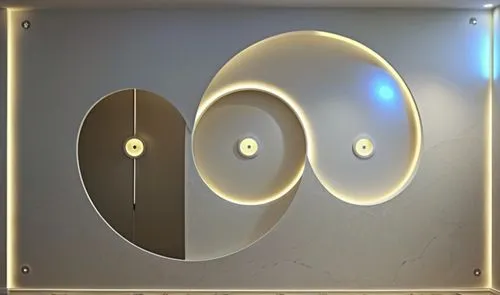 Convert this layout into a real gypsum decor for a room with hidden lighting.,a very artistic and futuristic looking light in a room,wall light,wall lamp,orb,light waveguide,roundels,escutcheons,Photo