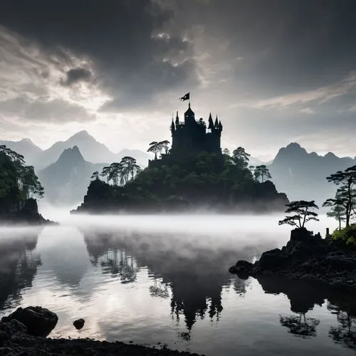 create in a big lake, there is a huge mountain above the clouds, a huge, giant one castle on a large misty mistrious lake in to the sekoya forest. There is a pirate ship ruin in the lake. Very calm pl