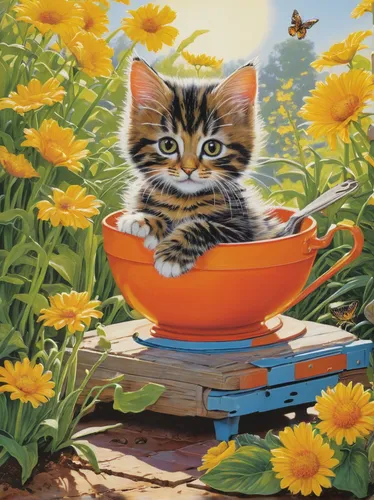 blossom kitten,tea party cat,tabby kitten,flower cat,kitten asleep in a pot,cat image,ginger kitten,flower painting,cat sparrow,kitten,litter box,cat drinking tea,sunflowers in vase,tabby cat,cute cat,little cat,still life of spring,young cat,in the bowl,oil painting,Conceptual Art,Sci-Fi,Sci-Fi 18