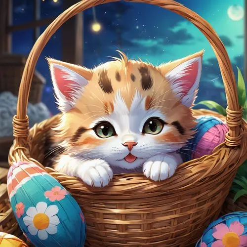 A cute little kitten fast asleep in her basket.,easter background,easter basket,easter banner,easter theme,cute cat,flower basket,blossom kitten,tea party cat,spring background,easter nest,peaches in 