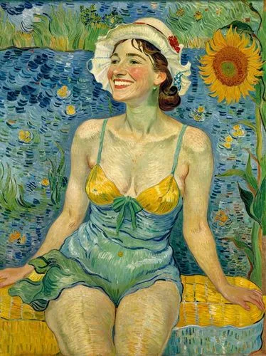 Bathing beauty, smiling. Let the motif appear as a French impressionist painting as if it had been painted by Vincent van Gogh.,a painting of a woman in a yellow hat,woman with ice-cream,goncharova,me