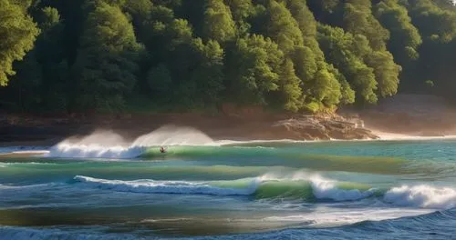 two surfers riding waves near some very forested area,kalalau,raincoast,japanese waves,shorebreak,surfline,waipio,Photography,General,Realistic