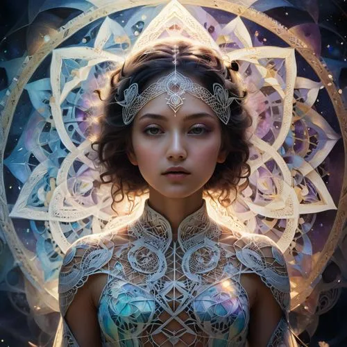 sacred geometry,mandala framework,mystical portrait of a girl,shpongle,heart chakra,raelians,samsara,merkabah,flower of life,priestess,transcendence,earth chakra,raelian,fortuneteller,amidala,the enchantress,promethea,psytrance,crown chakra,priestesses,Illustration,Realistic Fantasy,Realistic Fantasy 28