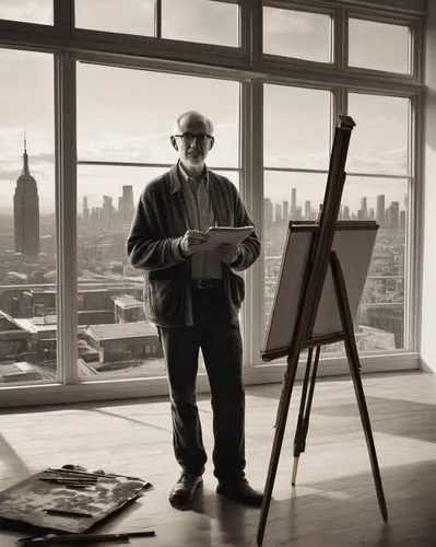 male illustrator, mature, bespectacled, short hair, casual clothes, holding a pencil, standing, in front of an easel, indoors, modern architectural studio, large windows, cityscape view, afternoon sun